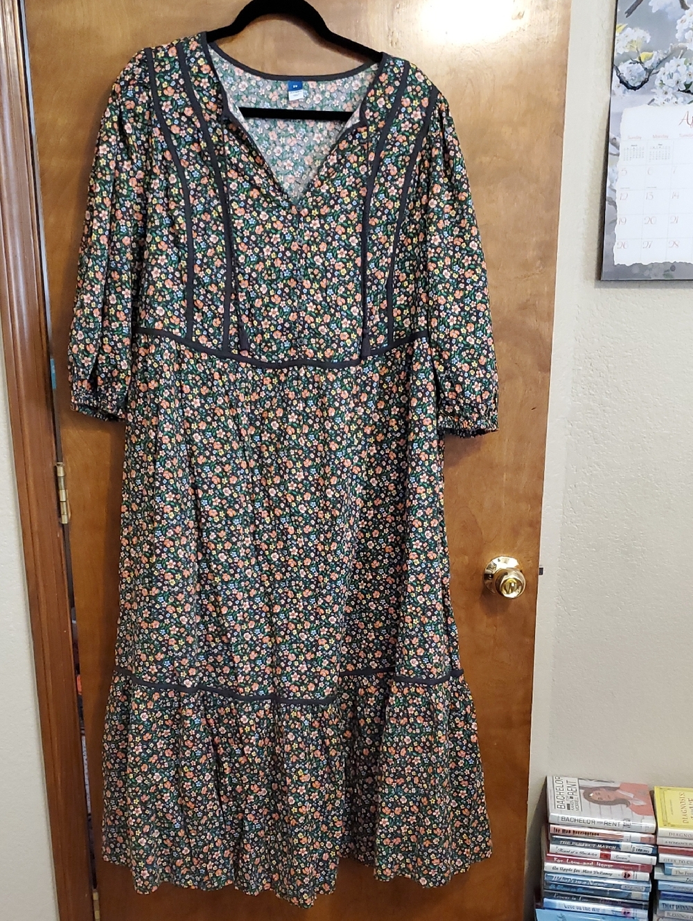 Old Navy Black Floral Maxi Dress with Pink and Green Blossoms